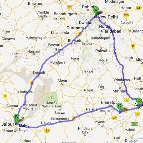 Golden triangle map in India